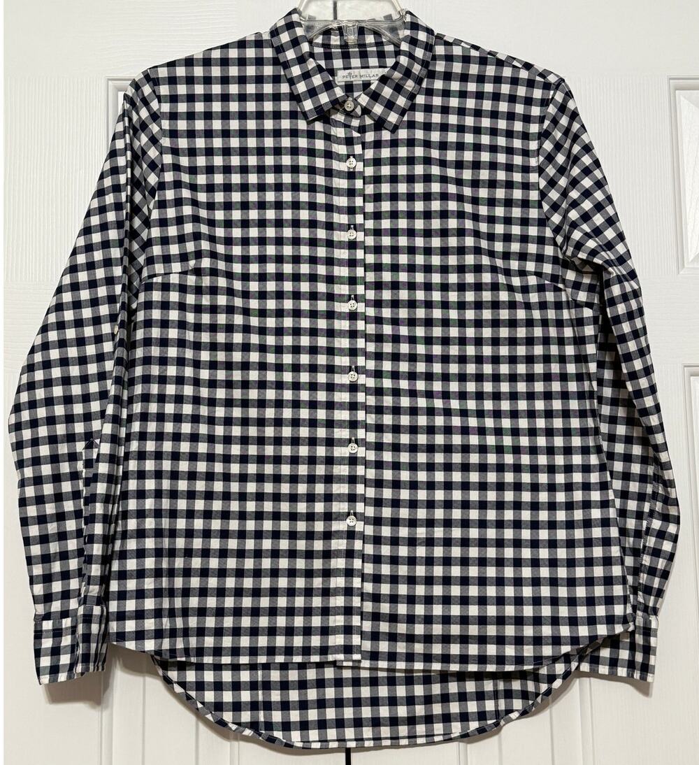 Women's Peter Millar Navy Checked Button Down Shirt, Size L